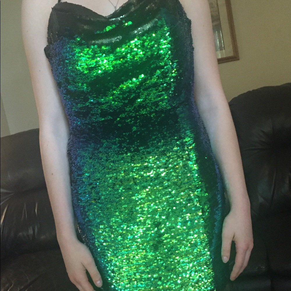 Fun party dress with “mermaid sequins.”